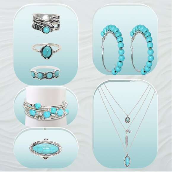 7PCS Bohemian Turquoise Jewelry Set Turquoise Necklace Earrings Rings Western La - Picture 3 of 5